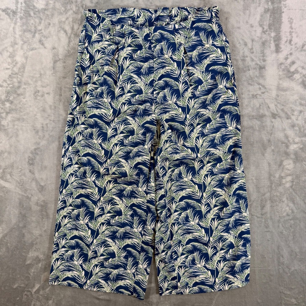 Max Studio Wide‎ Leg Cropped Pants Women's Size XL Navy Blue Tropical Print